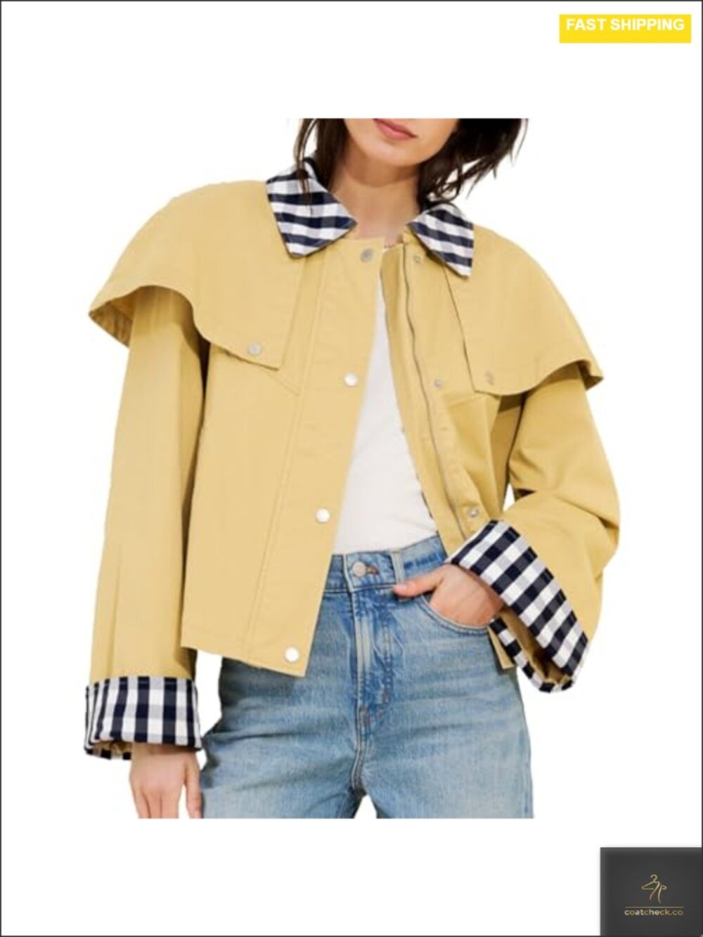 Cotton Gingham Trim Cropped Cape Jacket for Women Snap Button Casual